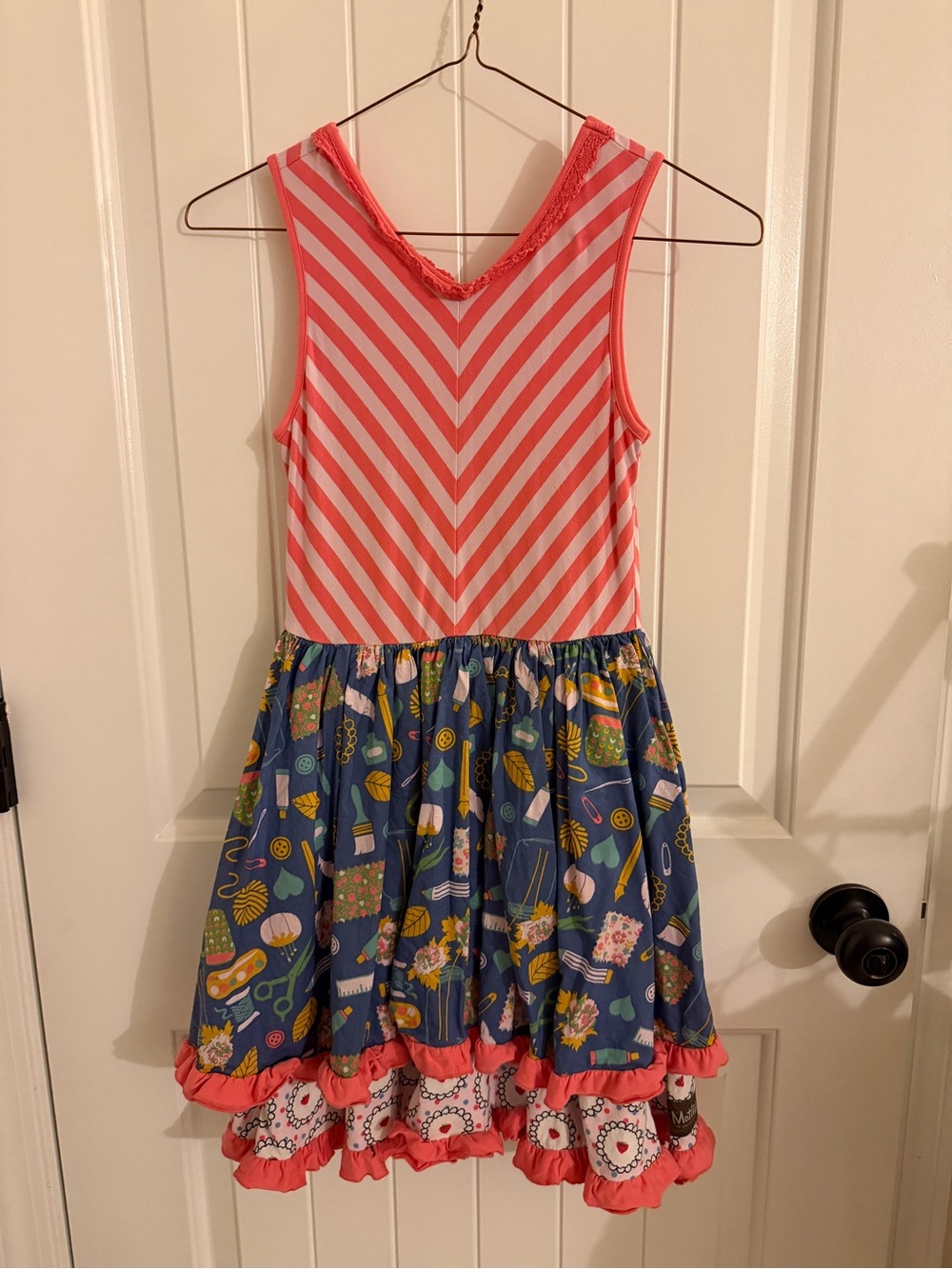 Matilda Jane girls size 10 Coral Stripe & Navy Print Girls' Sundress EUC